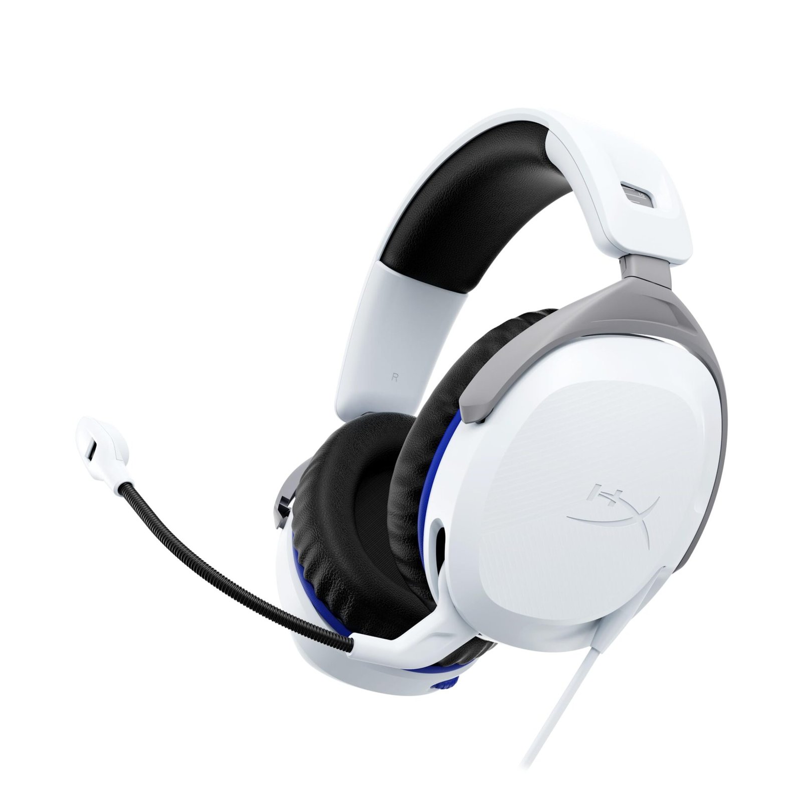 Headset gamer HyperX Cloud Stinger branco com detalhes em azul e microfone integrado sobre fundo branco.