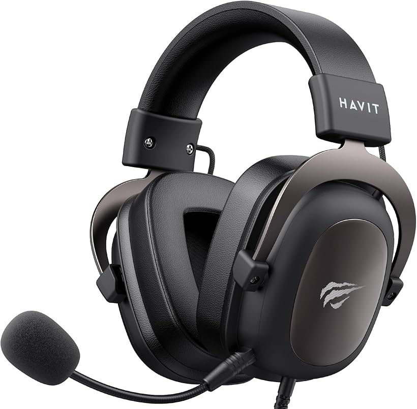 Headset gamer Havit preto com microfone removível e design ergonômico sobre fundo branco.