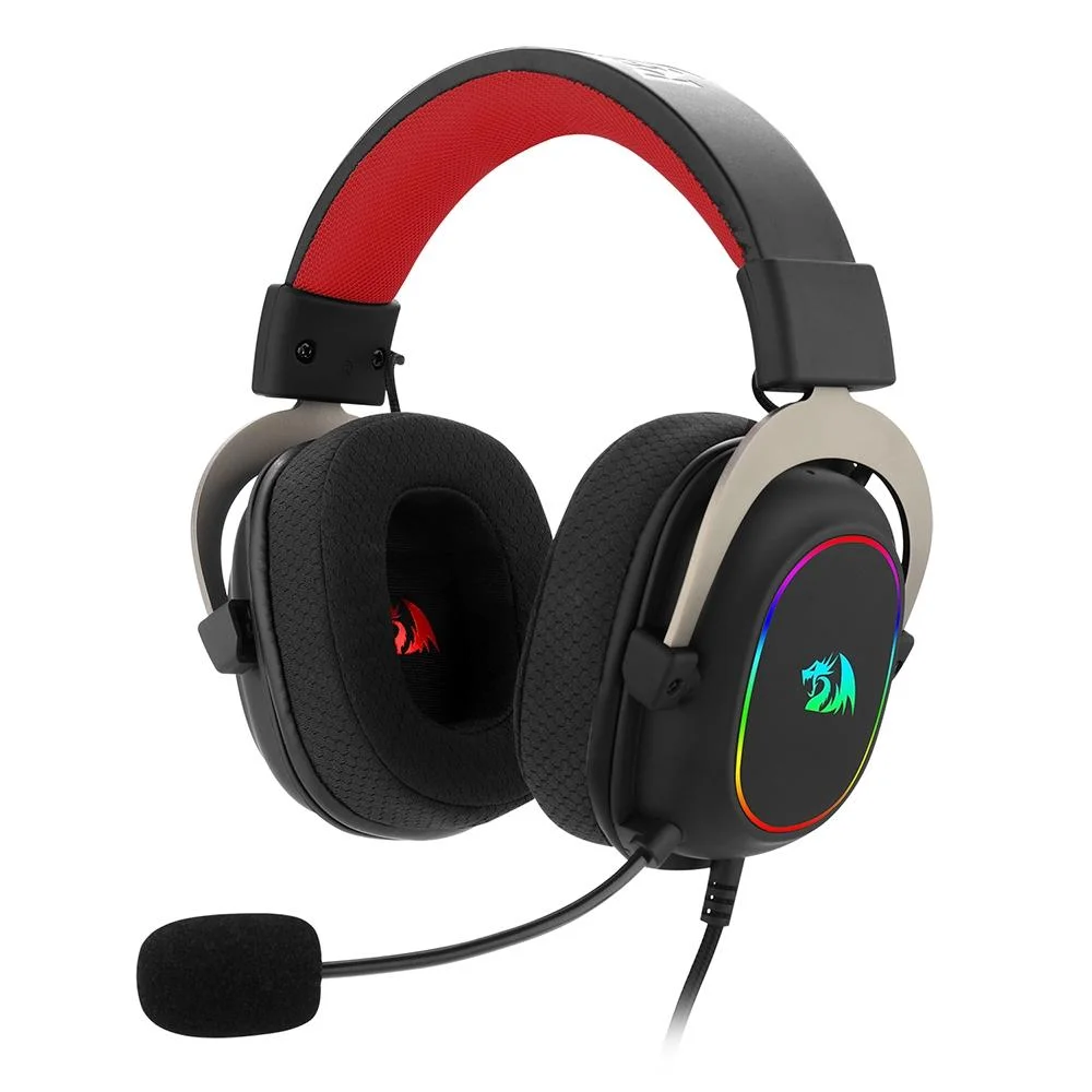 Headset gamer Redragon preto com detalhes em vermelho e iluminação RGB lateral sobre fundo branco.