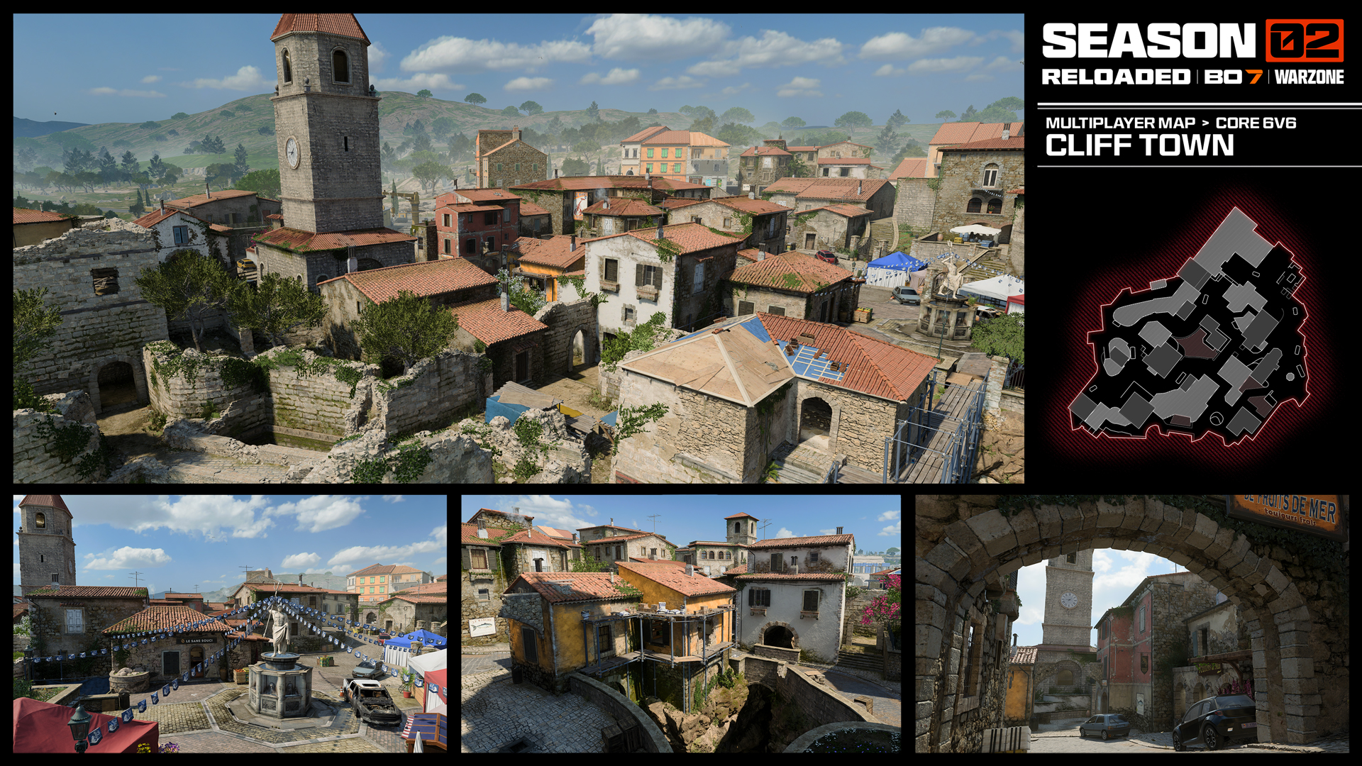 Visão geral do novo mapa Cliff Town em Black Ops 7, mostrando uma vila mediterrânea costeira com prédios de pedra, uma torre de relógio e o layout tático para o modo 6v6.