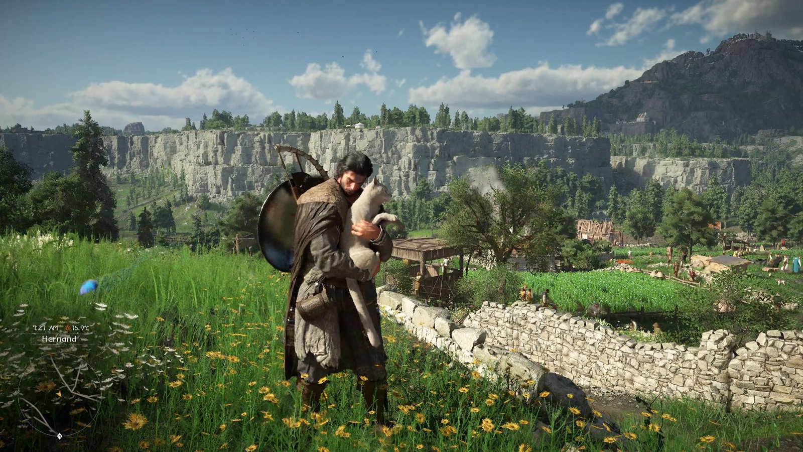 Protagonista de Crimson Desert segurando um gato no colo em meio a um campo de flores, demonstrando a interatividade do vasto mundo aberto do jogo.