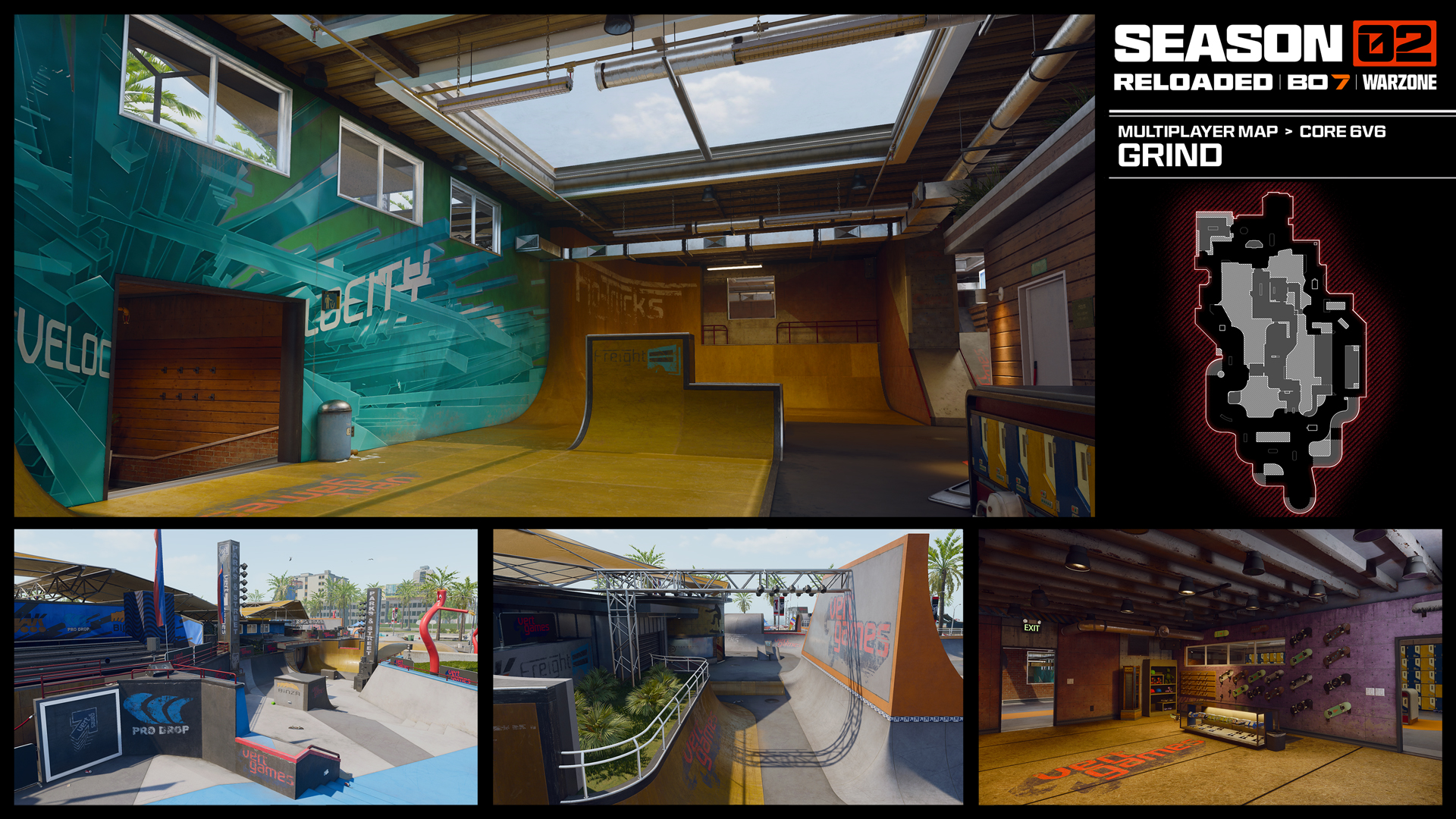 Visão detalhada do mapa clássico Grind em Black Ops 7, mostrando o icônico skatepark indoor, as rampas de madeira e o layout tático para o modo multiplayer 6v6.