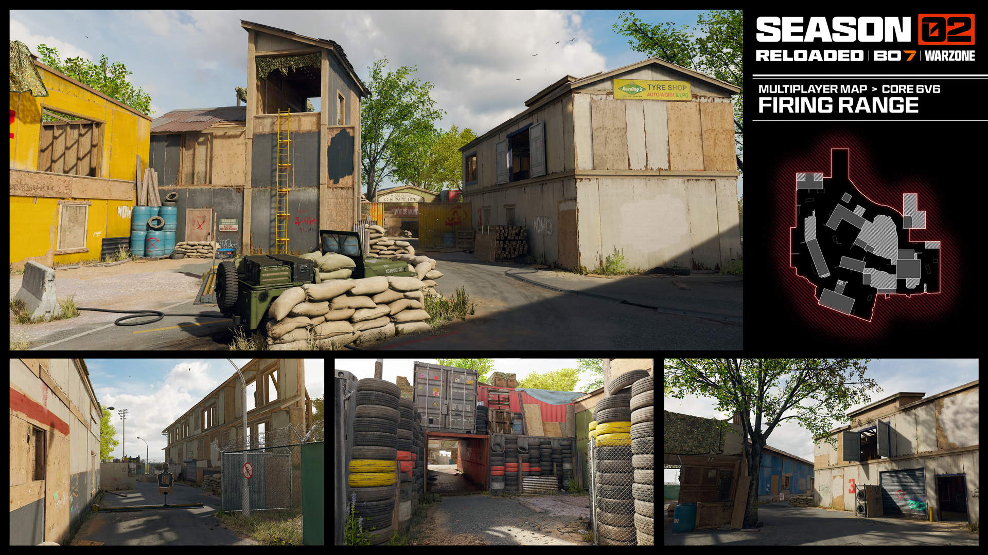 Visão geral do mapa clássico Firing Range em Black Ops 7, exibindo o campo de treinamento militar com torres de madeira, pneus empilhados e o layout tático 6v6 fiel ao original.