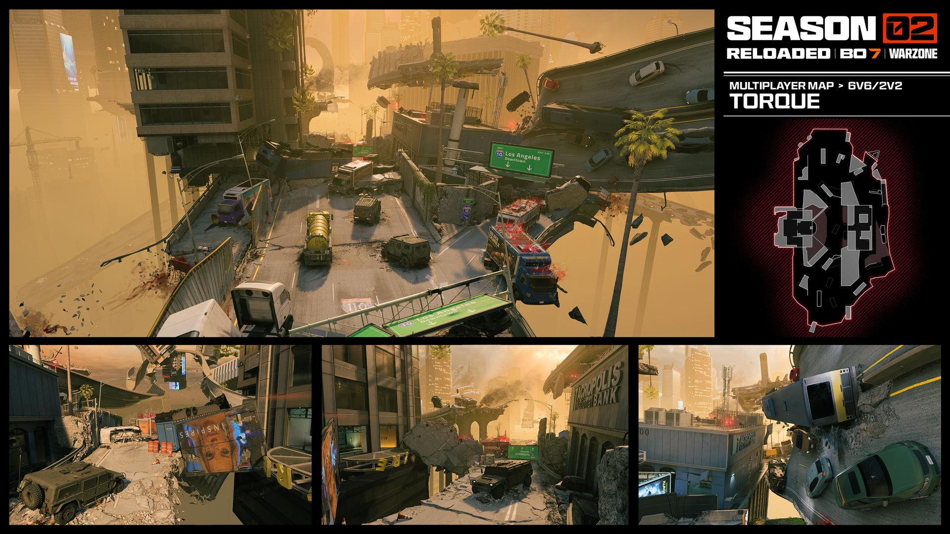 Visão geral e layout do novo mapa Torque de Black Ops 7 na Temporada 2 Reloaded, mostrando uma rodovia destruída em Los Angeles e o design para modos 6v6 e 2v2.