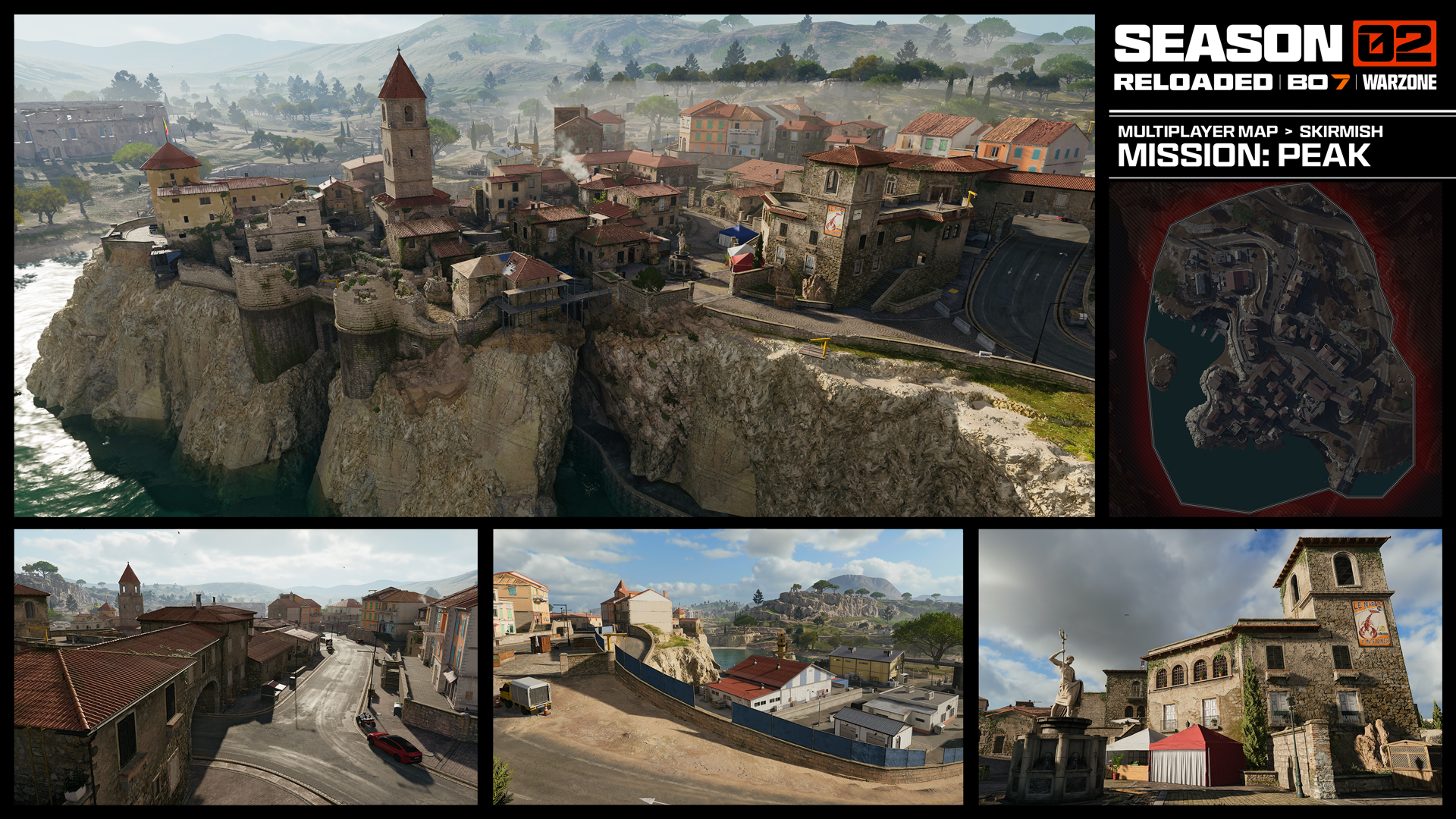 Visão aérea e detalhes da missão Peak no modo Skirmish de Black Ops 7, exibindo o vilarejo costeiro sobre um penhasco e o minimapa tático da região.