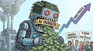 Ilustração de um robô representando a Inteligência Artificial devorando pentes de memória RAM, com um gráfico de preços subindo ao fundo e pessoas protestando sobre a falta de estoque.