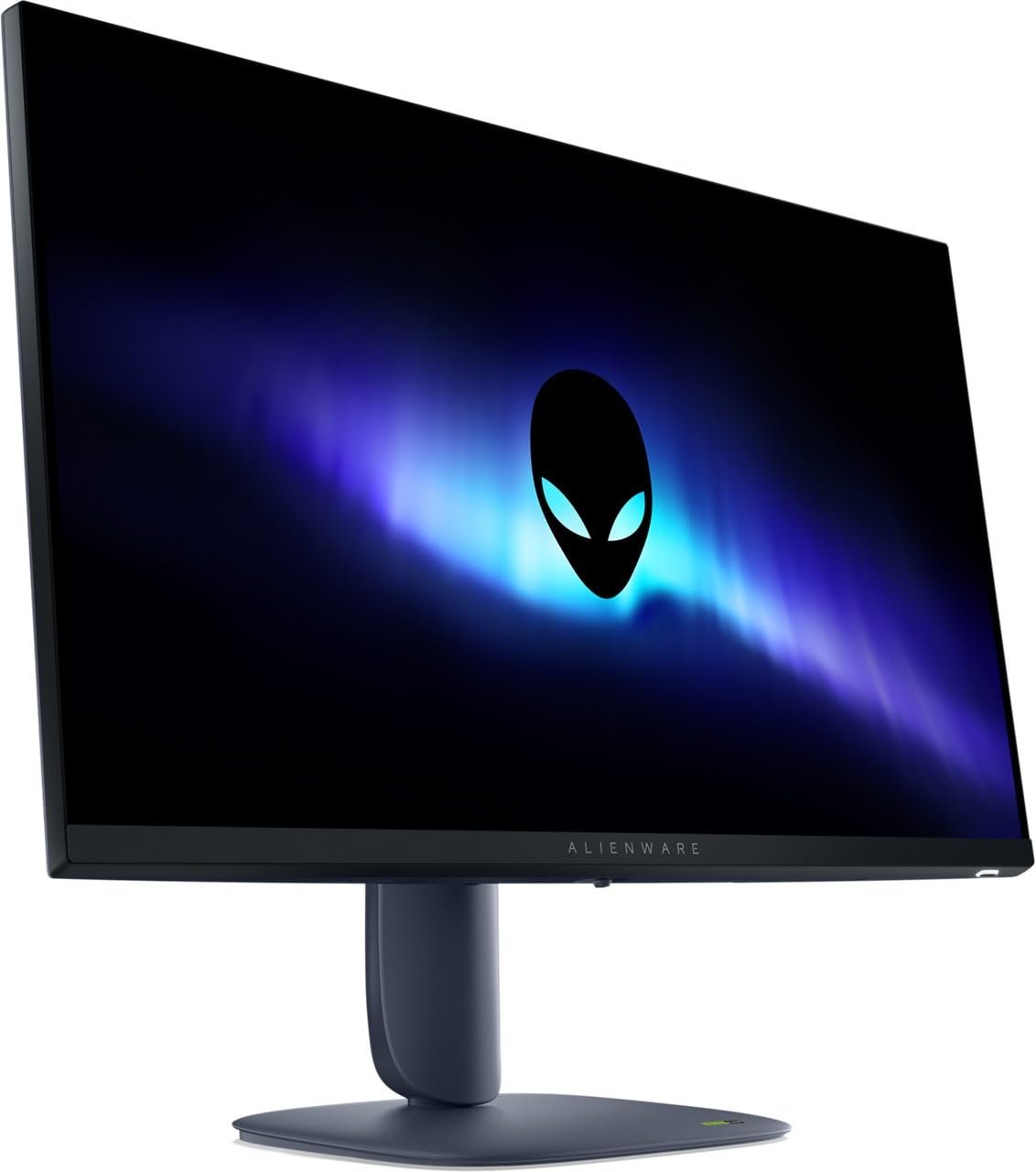 Monitor Gamer Alienware em ângulo lateral exibindo o logo da marca e iluminação azul sobre fundo branco.