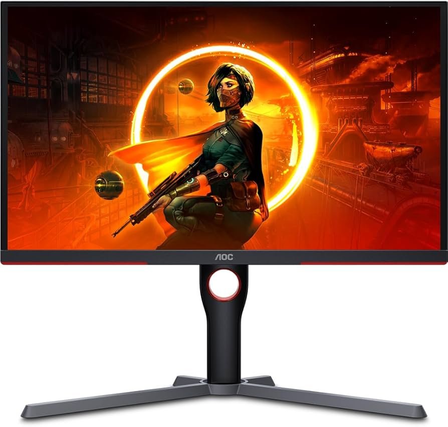 Monitor Gamer AOC com base em formato de tripé e detalhes em vermelho, exibindo arte de personagem em estilo cyberpunk sobre fundo branco.