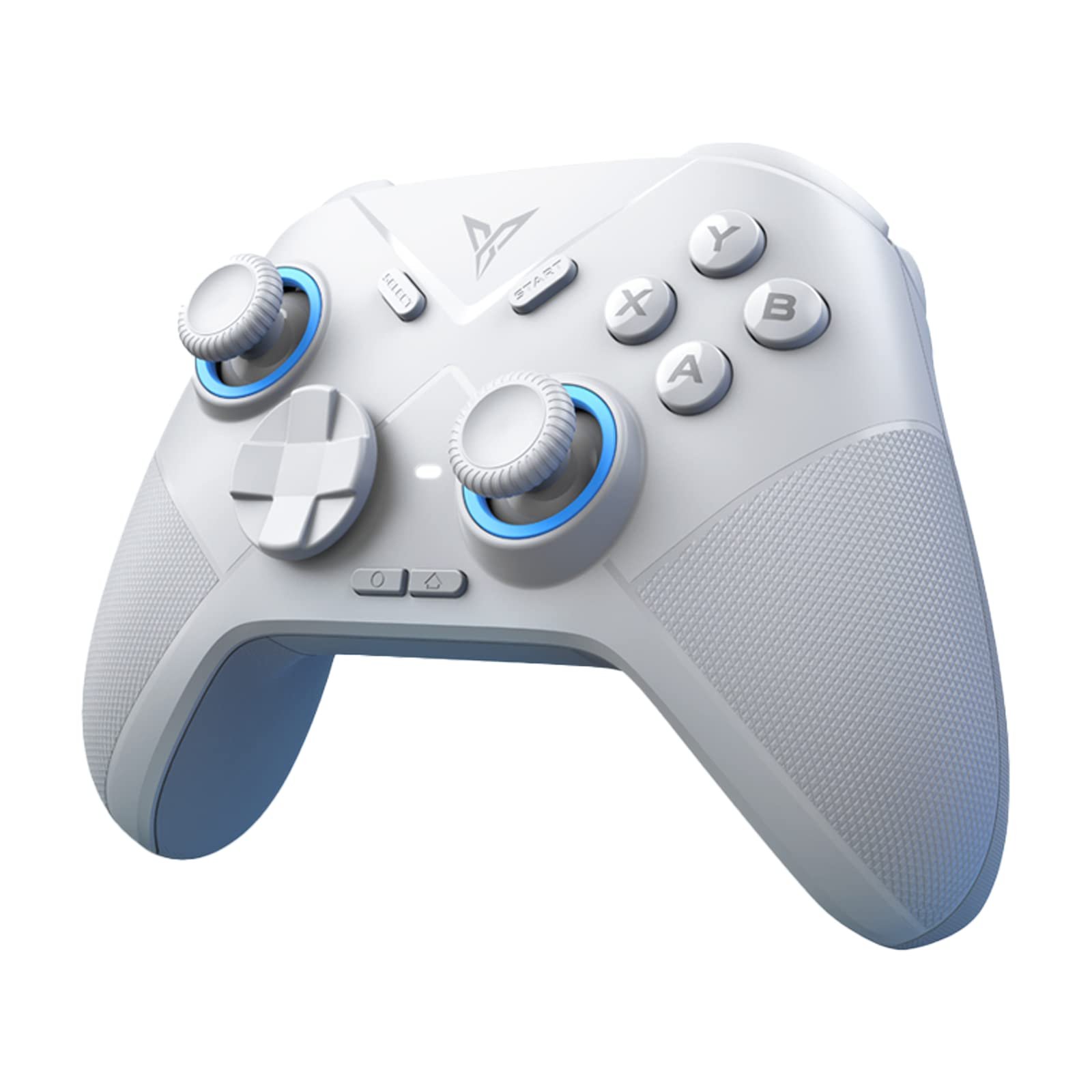 Controle Flydigi Direwolf 2 branco com detalhes em azul e design ergonômico sobre fundo branco.