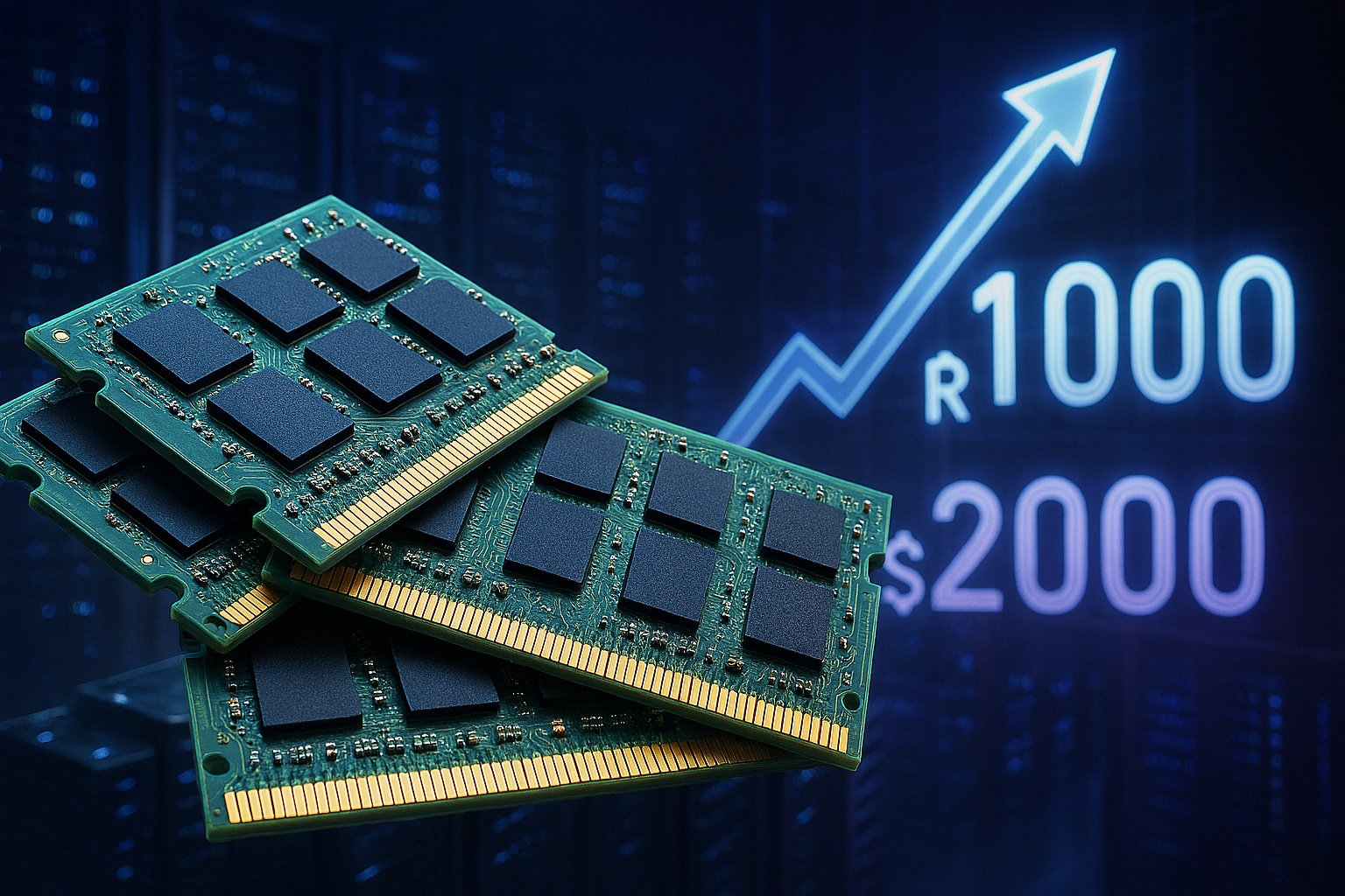 Chips de memória RAM empilhados sobre um fundo azul tecnológico com um gráfico de seta para cima e valores numéricos, representando a alta de preços de hardware.