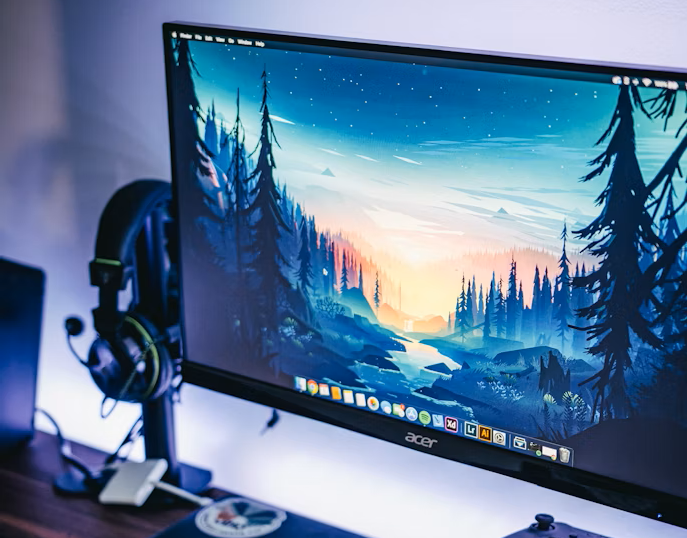 Monitor gamer Acer em um setup com iluminação LED e headset ao fundo.