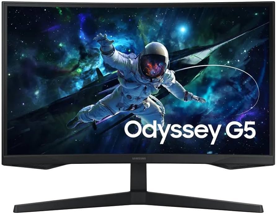 Monitor Gamer Curvo Samsung Odyssey G5 exibindo imagem de astronauta no espaço e logo Odyssey G5, sobre fundo branco.