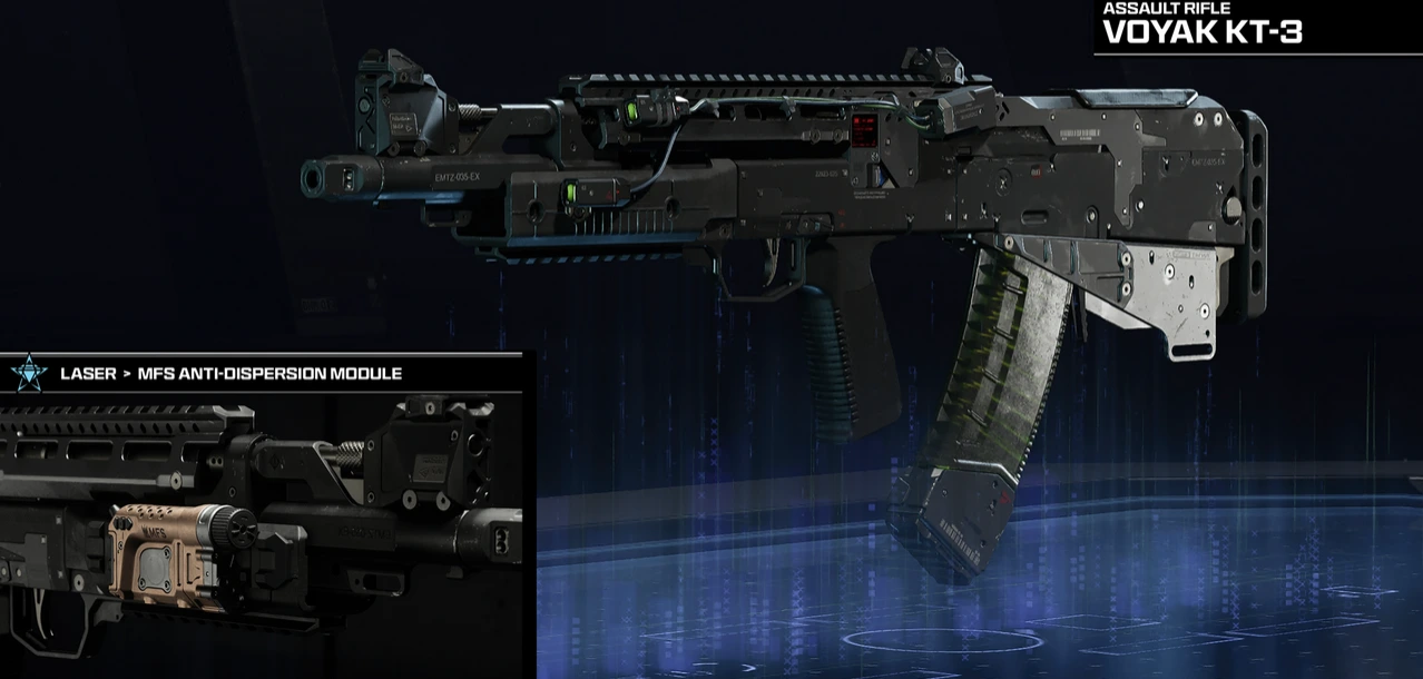 Visão detalhada do fuzil de assalto Voyak KT-3 em Black Ops 7, destacando o acessório de laser MFS Anti-Dispersion Module equipado no cano.