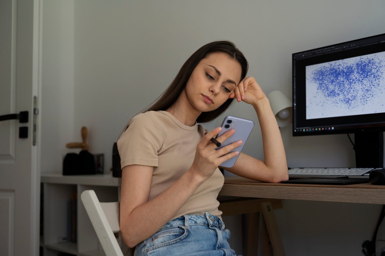 Criadora de conteúdo exausta olhando o celular em frente ao PC.