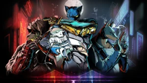 Key art oficial de Kusan: City of Wolves mostrando quatro personagens com cabeças de animais (lobo, gato, cachorro) armados em frente a um cenário urbano noturno com neon e a lua ao fundo