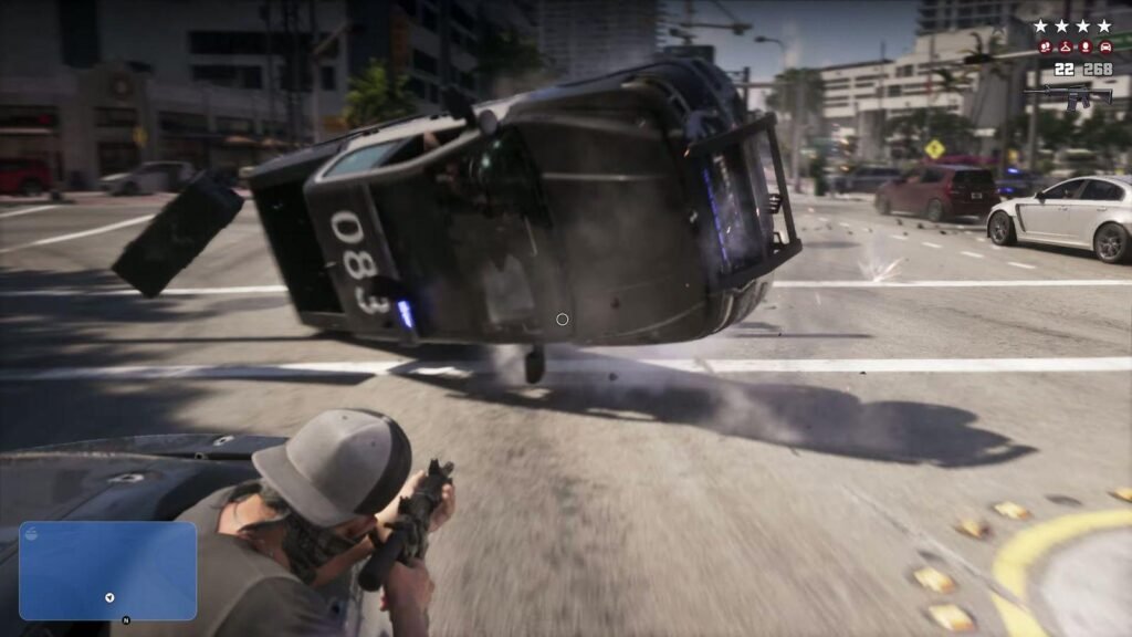Perseguição policial em gameplay real de GTA 6, com viatura arremessada pelo ar durante o GTA 6 Extended Look