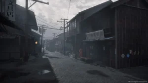 Rua enevoada da vila japonesa fictícia de Ebisugaoka em Silent Hill f, com casas de madeira, fiação elétrica e neblina densa