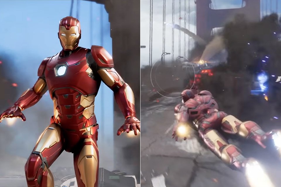 Frames do trailer interno vazado do jogo de Iron Man da EA Motive, mostrando Tony Stark na armadura e uma cena de combate aéreo sobre uma ponte