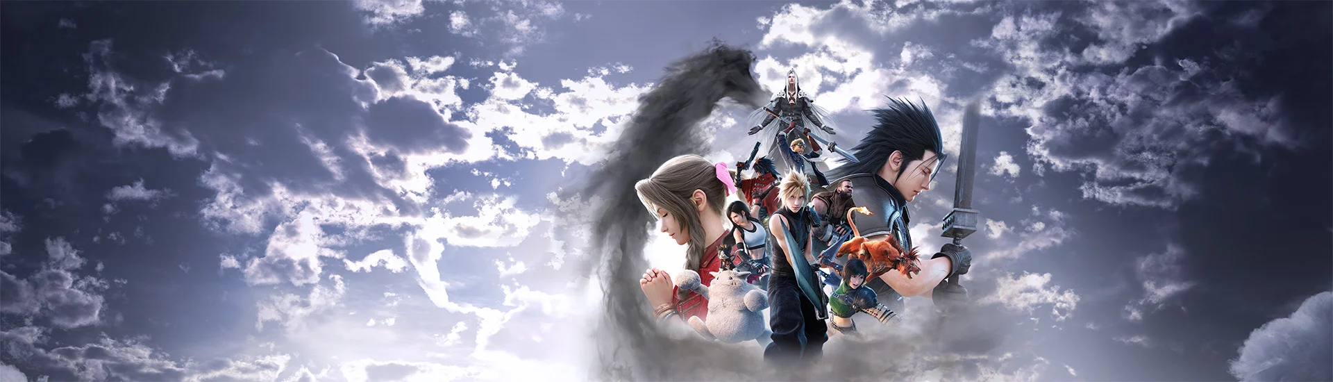 Arte oficial de Final Fantasy VII Revelation reunindo Cloud, Tifa, Aerith, Barret, Yuffie, Zack e Sephiroth entre nuvens