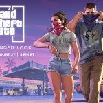 Jason Duval e Lucia Caminos, protagonistas de GTA 6, em imagem oficial divulgada pela Rockstar Games com o horizonte de Vice City ao fundo.