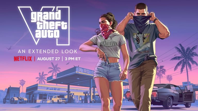 Jason Duval e Lucia Caminos, protagonistas de GTA 6, em imagem oficial divulgada pela Rockstar Games com o horizonte de Vice City ao fundo.