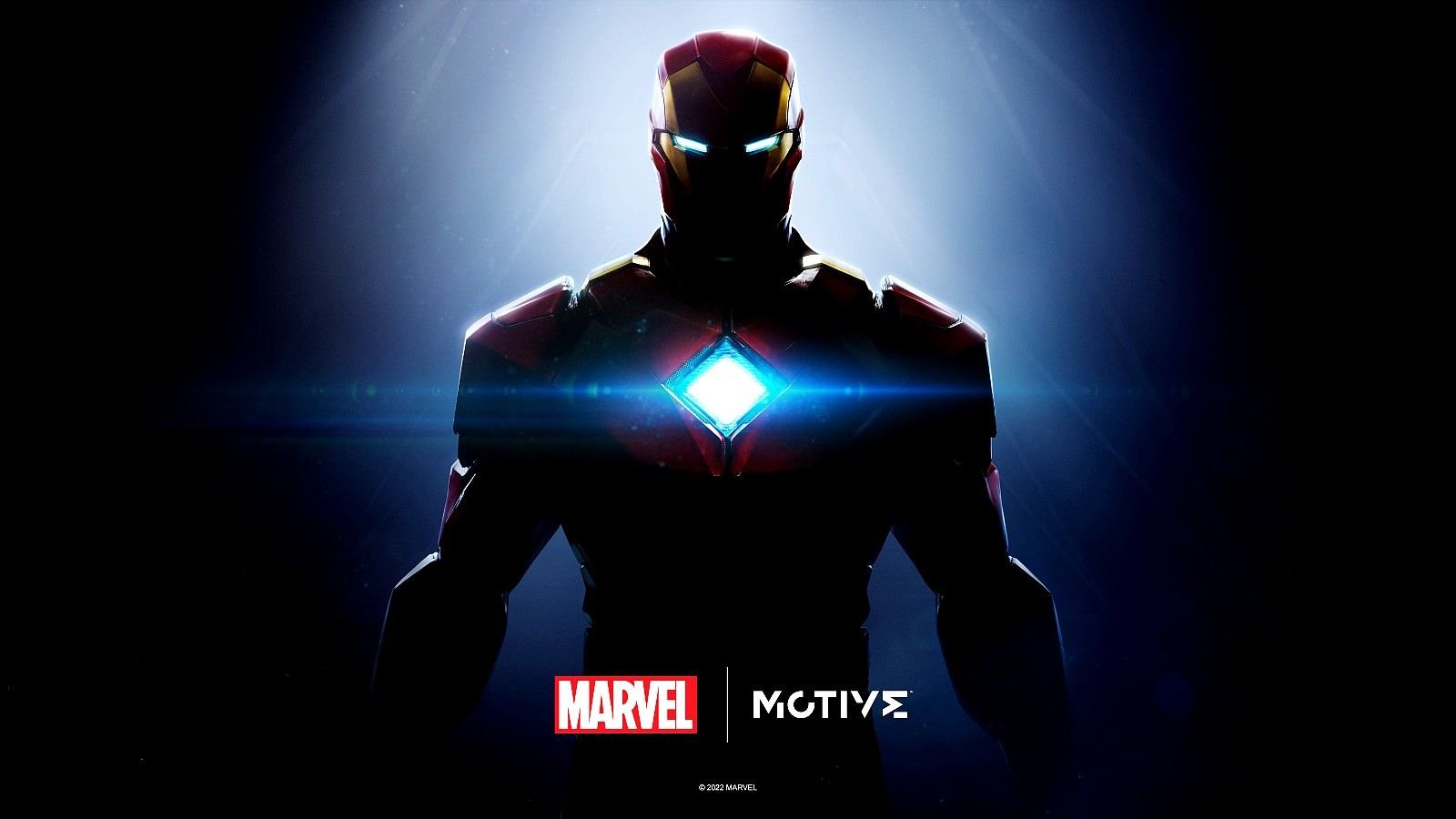 Arte-chave oficial do anúncio de 2022 do jogo de Iron Man, com os logos da Marvel e da EA Motive