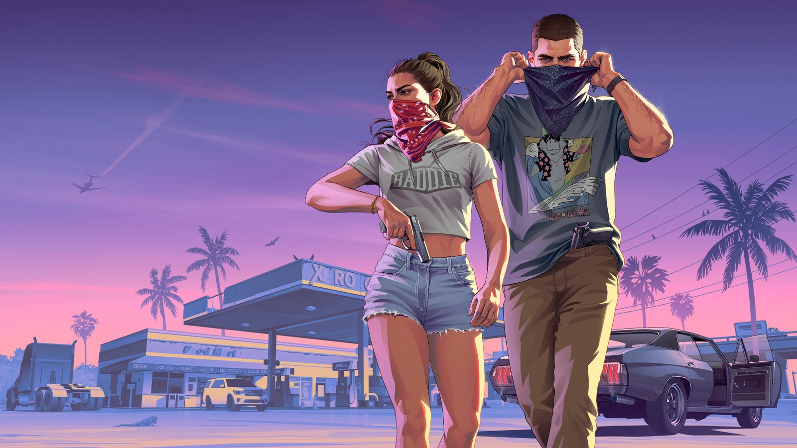 Arte oficial de GTA 6 mostrando Jason e Lucia em frente a um posto de gasolina, com o horizonte de Vice City ao fundo, em cena de assalto.