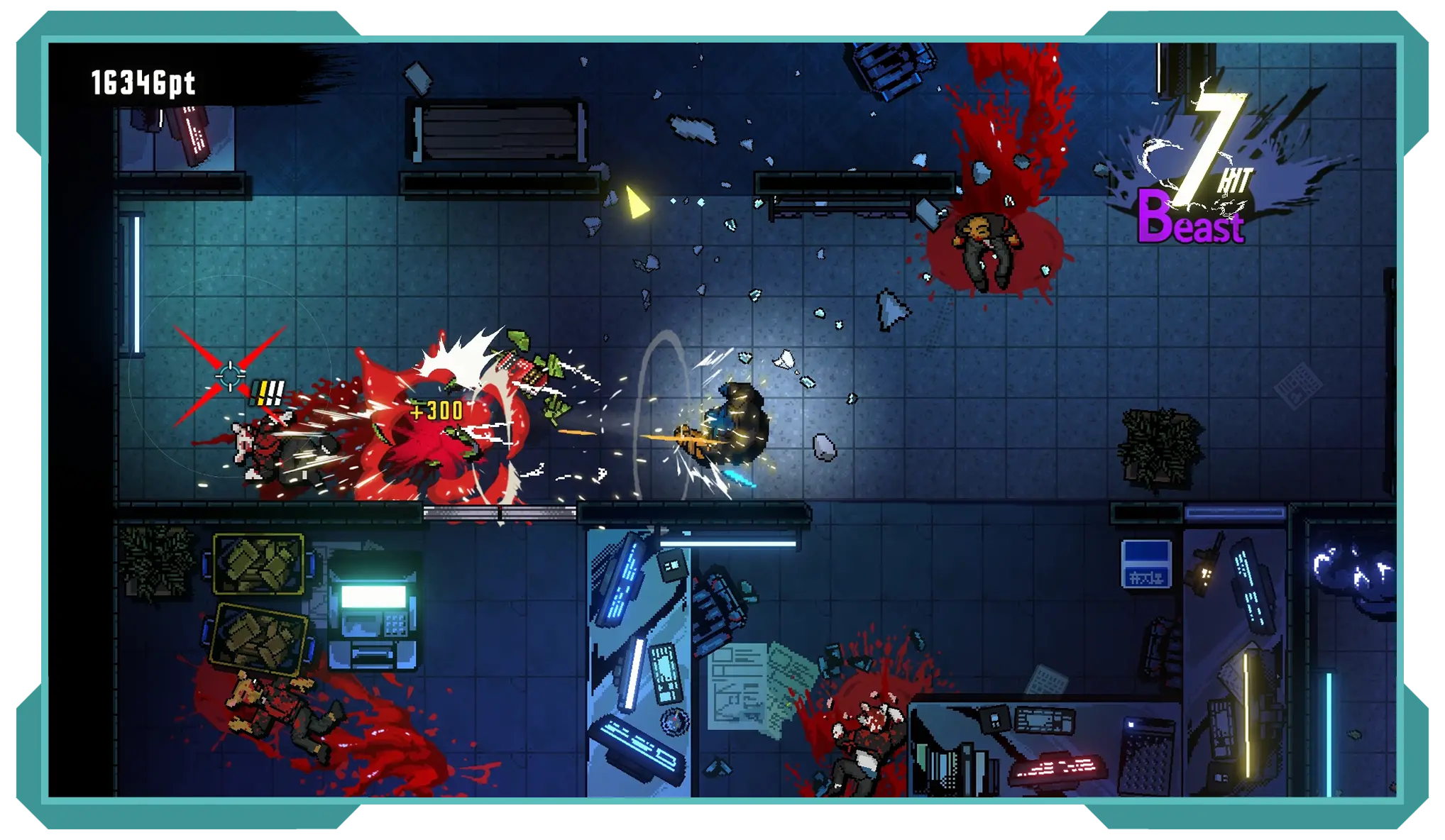 Tela de combate de Kusan: City of Wolves exibindo um combo de 7 hits nomeado 'Beast', com sangue espalhado pelo cenário urbano em pixel art