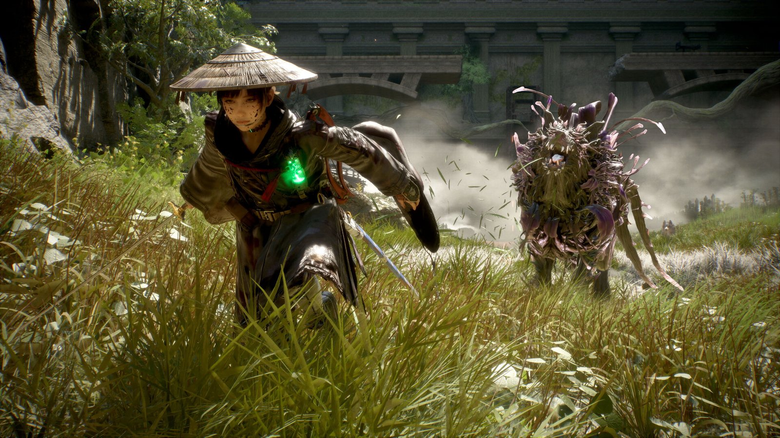 Emma, protagonista de Beast of Reincarnation, ao lado de sua companheira animal Koo, em captura de tela oficial do jogo.