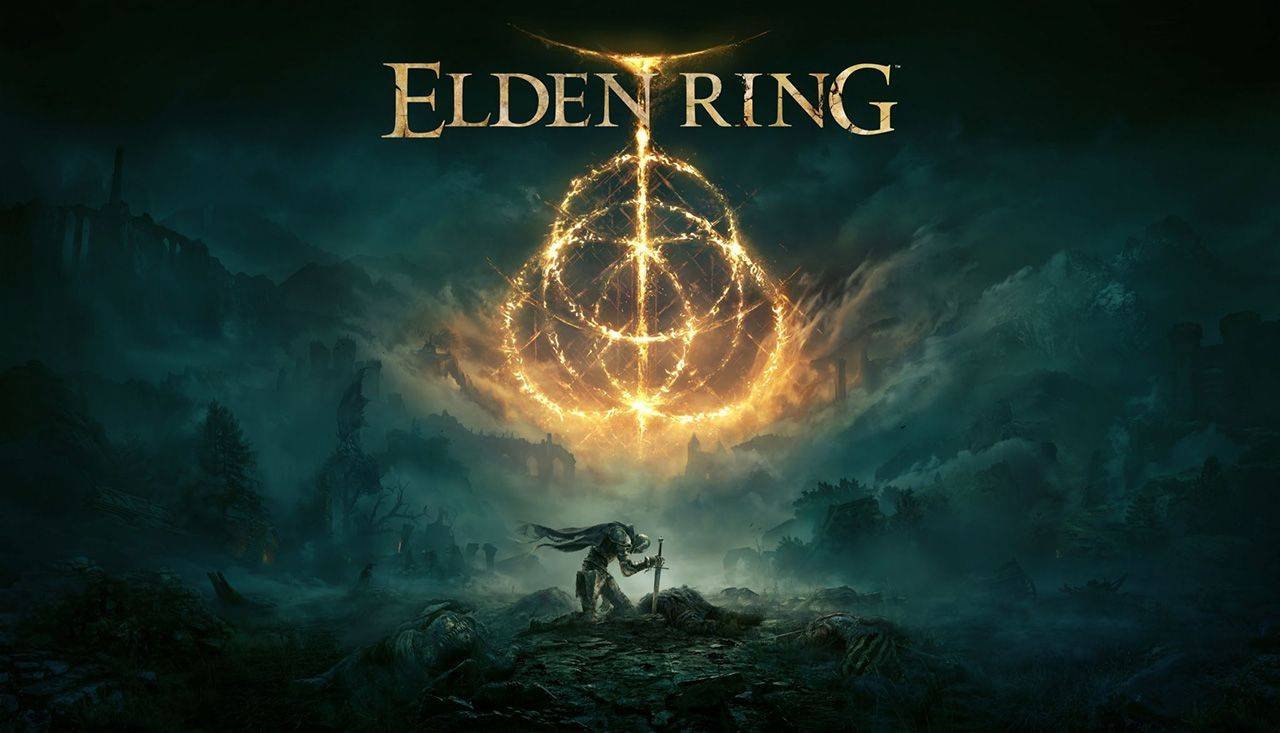 Arte-chave oficial de Elden Ring, com um cavaleiro ajoelhado diante do símbolo dourado do jogo, usada na página oficial que anuncia a adaptação para o cinema