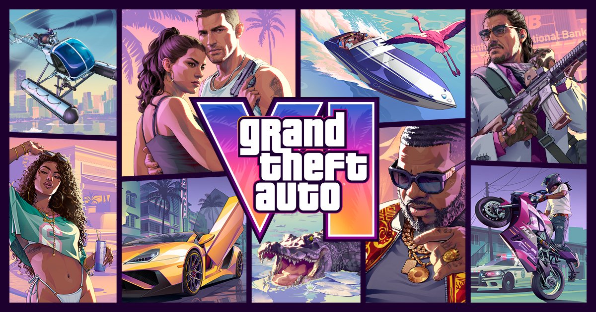 Arte oficial colagem de GTA 6 divulgada pela Rockstar Games, mostrando Jason, Lucia e outros personagens do jogo.