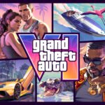 Box art oficial de Grand Theft Auto VI reunindo personagens, veiculos e cenarios do jogo em torno do logo