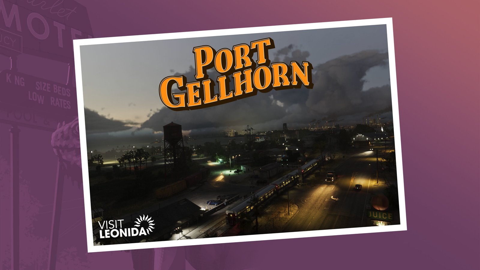 Postcard oficial de Port Gellhorn, cidade litorânea fictícia do estado de Leonida em GTA 6, arte de divulgação da Rockstar Games