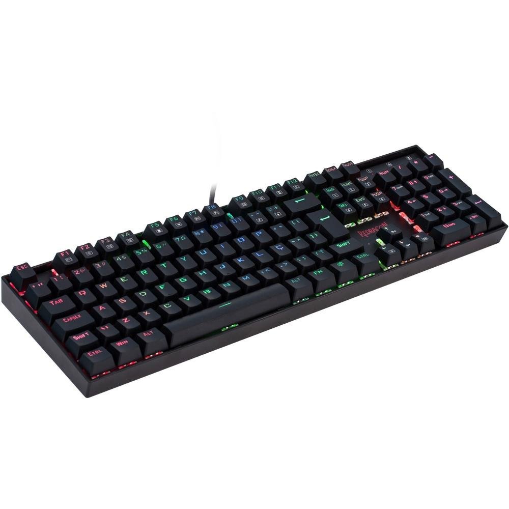 Teclado mecânico gamer Redragon Mitra K551RGB-1 com RGB e teclas de atalho multimídia, visto de cima em fundo branco
