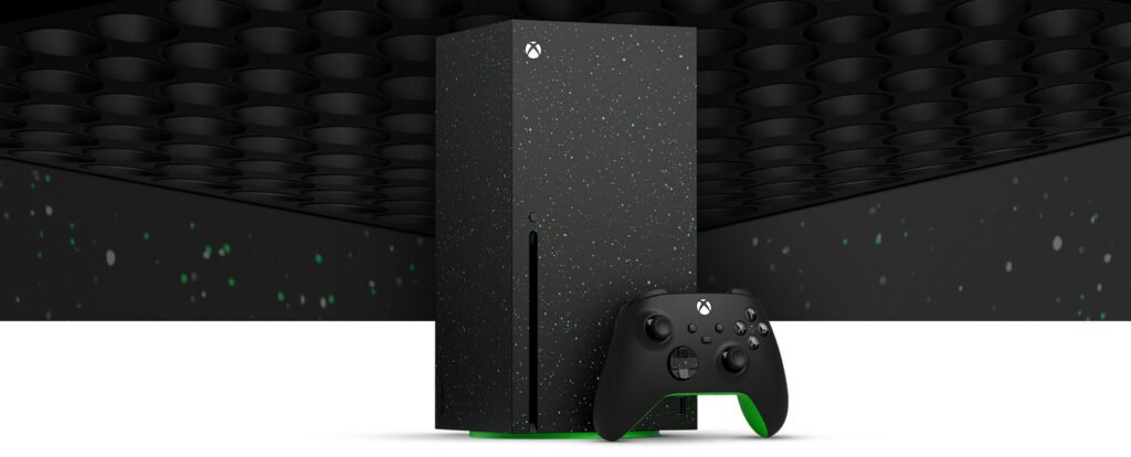Console Xbox Series X 2TB edição especial Galaxy Black e controle sem fio Xbox, em imagem oficial da Microsoft.