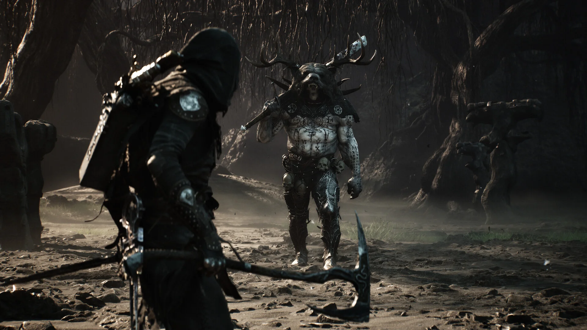 Protagonista de Mortal Shell II encara um chefe em confronto real de gameplay, cena que ilustra o combate elogiado pela crítica