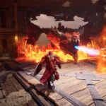 Cavaleiro do jogo Crimson Moon enfrenta um dragão gigante que cospe fogo, com um segundo jogador ao lado em combate cooperativo