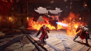 Cavaleiro do jogo Crimson Moon enfrenta um dragão gigante que cospe fogo, com um segundo jogador ao lado em combate cooperativo