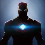 Arte oficial do jogo de Iron Man da Marvel e EA Motive, mostrando a silhueta da armadura iluminada no escuro