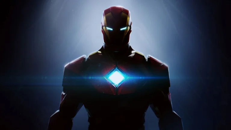 Arte oficial do jogo de Iron Man da Marvel e EA Motive, mostrando a silhueta da armadura iluminada no escuro