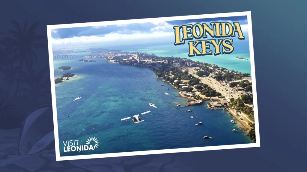 Postcard oficial de Leonida Keys, arquipélago fictício de GTA 6 inspirado nos Florida Keys, arte de divulgação da Rockstar Games