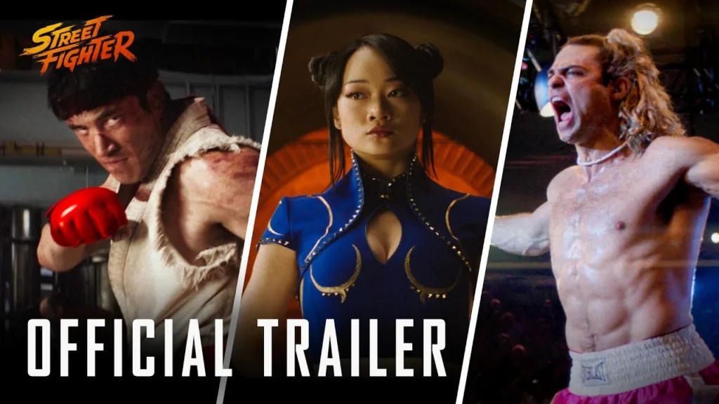 Ryu, Chun-Li e outro lutador em cena da thumbnail oficial do trailer do filme Street Fighter (2026), da Paramount Pictures