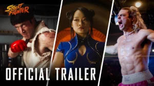 Ryu, Chun-Li e outro lutador em cena da thumbnail oficial do trailer do filme Street Fighter (2026), da Paramount Pictures