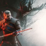 Arte oficial de The Witcher 3: Wild Hunt – Songs of the Past, com Geralt de Rívia empunhando uma nova espada diante de uma criatura de galhos