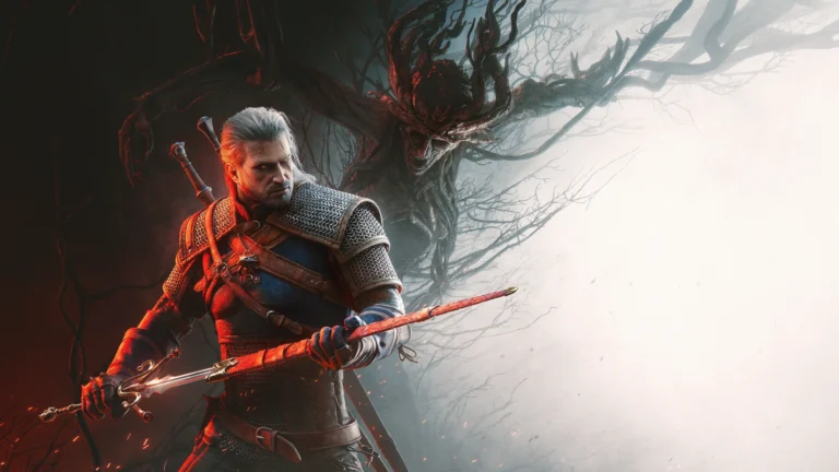 Arte oficial de The Witcher 3: Wild Hunt – Songs of the Past, com Geralt de Rívia empunhando uma nova espada diante de uma criatura de galhos