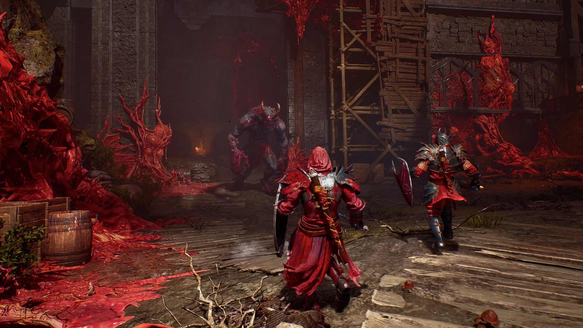 Dois cavaleiros avançam armados em um pátio gótico corrompido por carne vermelha, com um demônio surgindo ao fundo em Crimson Moon