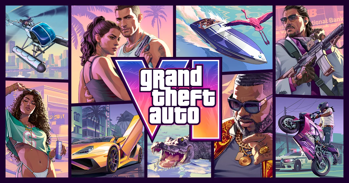 Box art oficial de Grand Theft Auto VI reunindo personagens, veículos e cenários do jogo em torno do logo