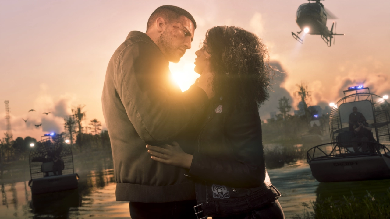 Jason e Lucia, os dois protagonistas de GTA 6, em cena de tensão cercados por policiais em still oficial da Rockstar Games