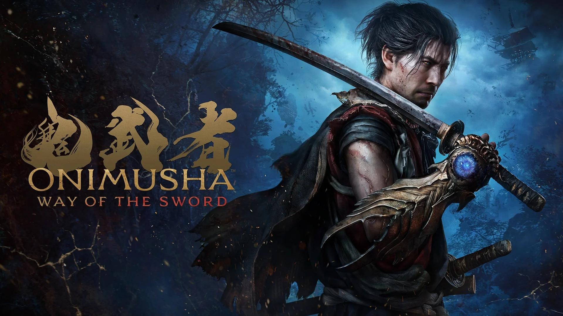 Arte oficial de Miyamoto Musashi, protagonista de Onimusha: Way of the Sword, com rosto inspirado no ator Toshiro Mifune