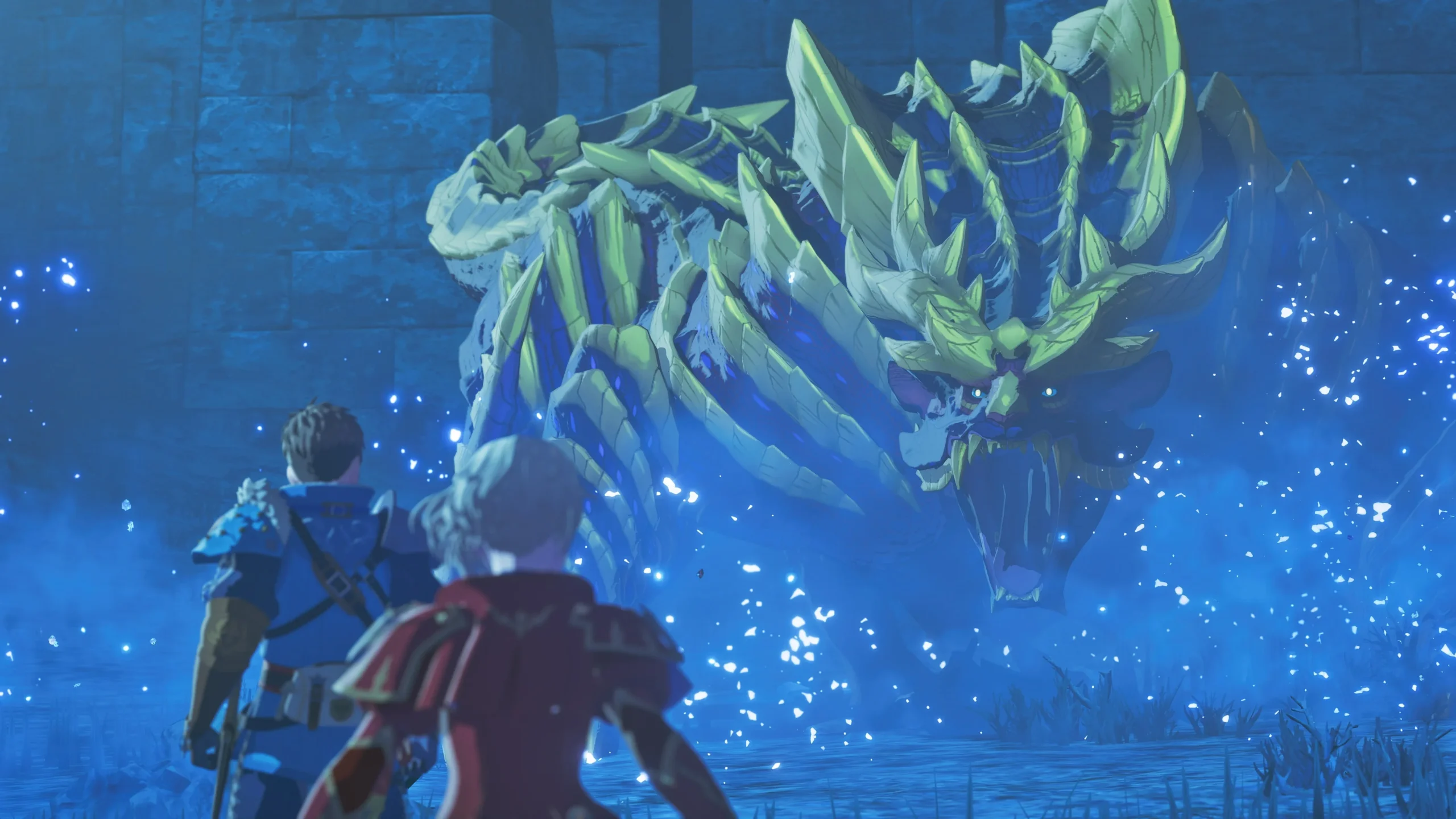 O herdeiro de Azuria e a princesa Eleanor de Vermeil encaram um monstro cristalino gigante em uma cena de confronto de Monster Hunter Stories 3